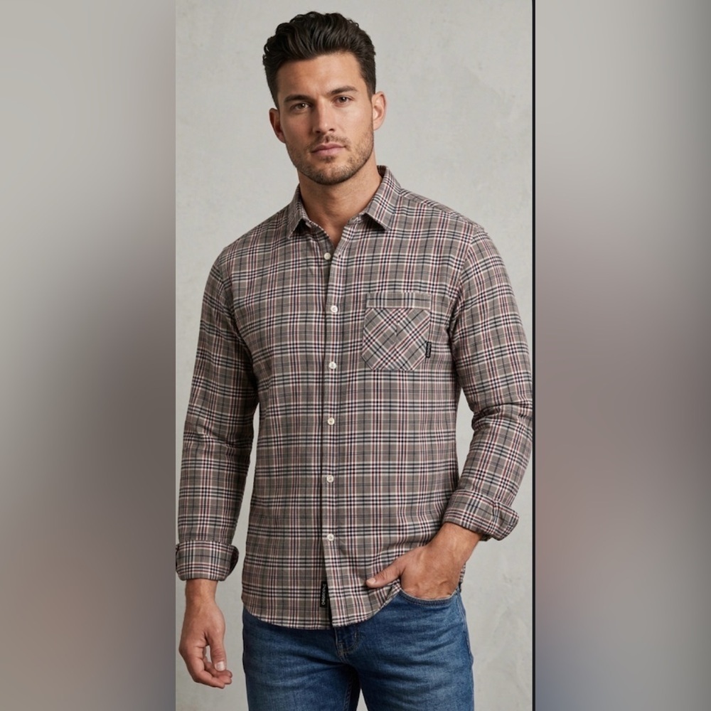 ONE90ONE Men's Plaid Shirt - Black, Beige and Red